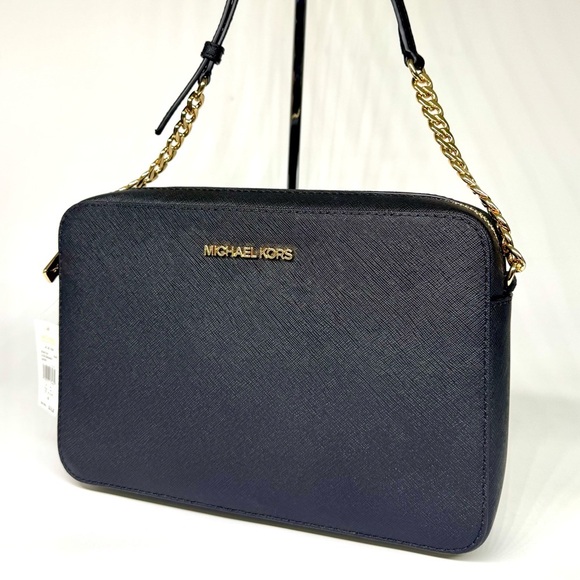 Michael Kors Jet Set Large Signature Logo Crossbody Bag Black/Gold - Picture 1 of 8